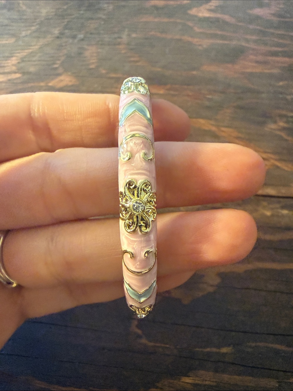 Gold Plated Vintage Pink Enamel Floral Bangle Bracelet